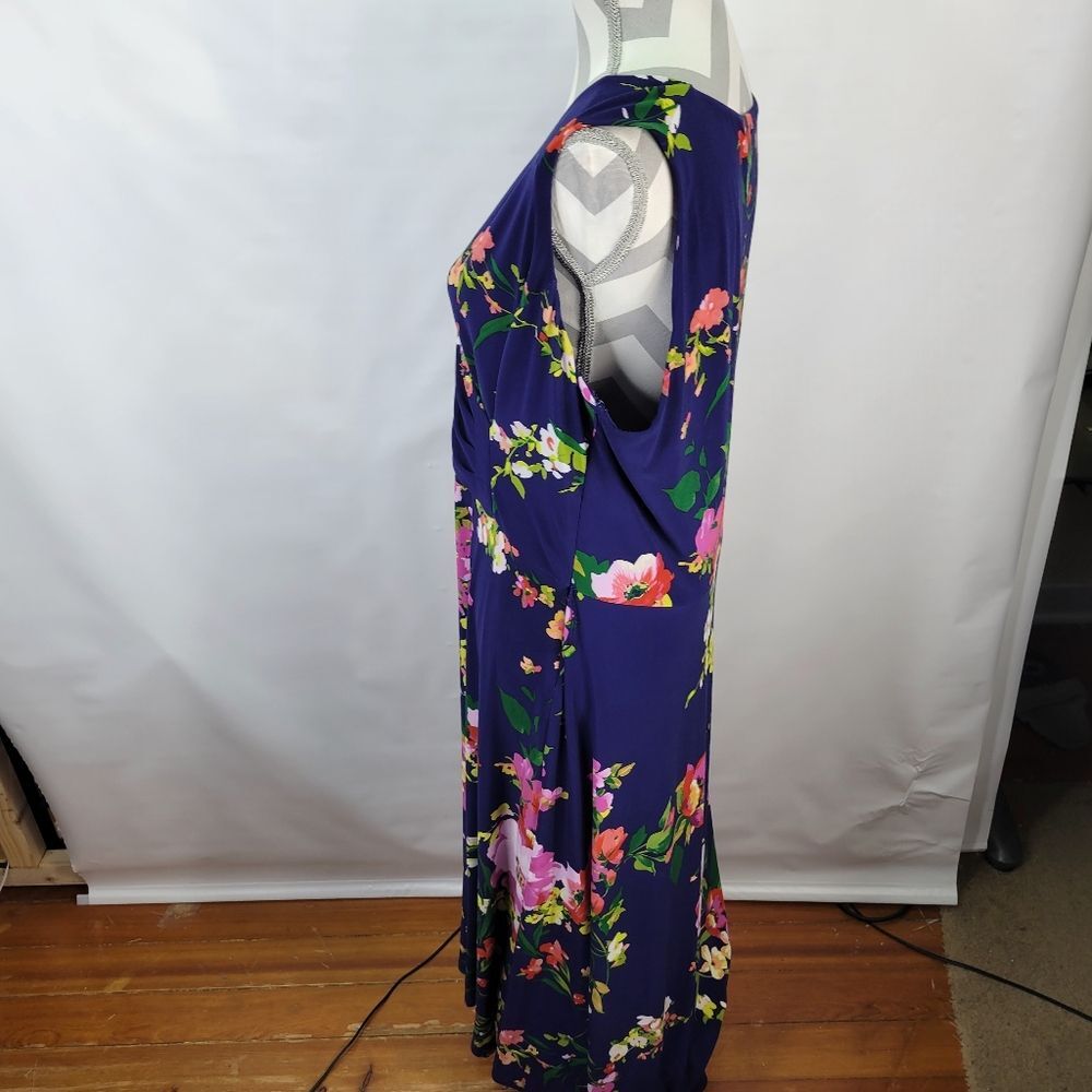 Lauren Ralph Lauren Faux Wrap Navy Floral Sleeveless Midi Dress Side Zip Size 16 - Picture 5 of 12